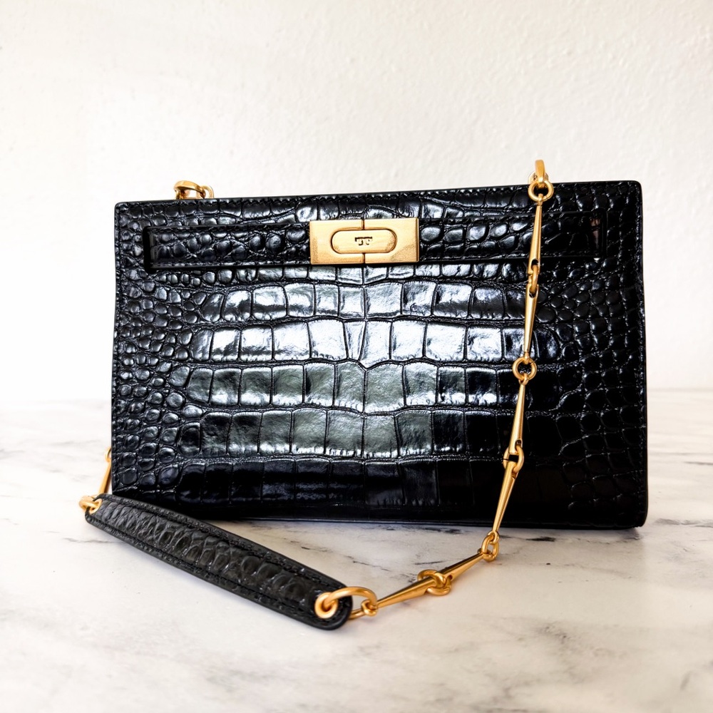 Tory Burch Lee Radziwill Black Croc-Embossed Leather Petite Bag - Picture 2 of 16